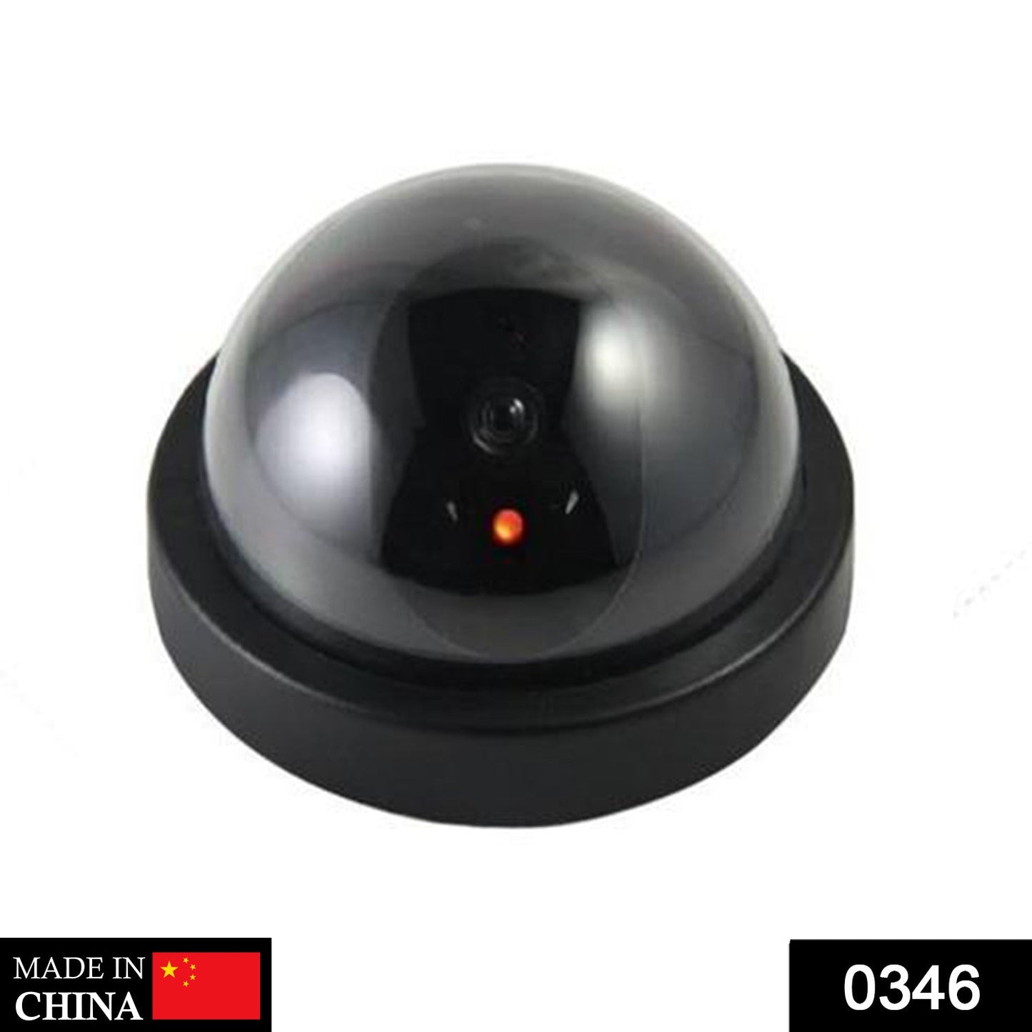 Black dome dummy security camera with a red light on a white background, with a "Made in China" label and product number.