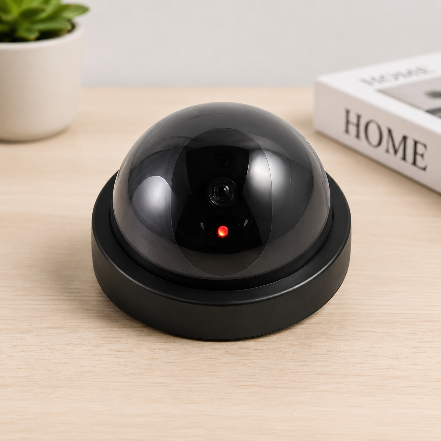 Black dome dummy security camera with a red light, sitting on a light wooden desk next to a white book and green plant.