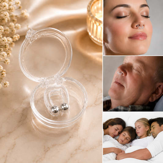 A clear silicone anti-snore nose clip with silver magnetic balls in an open clear case, surrounded by dried flowers and a