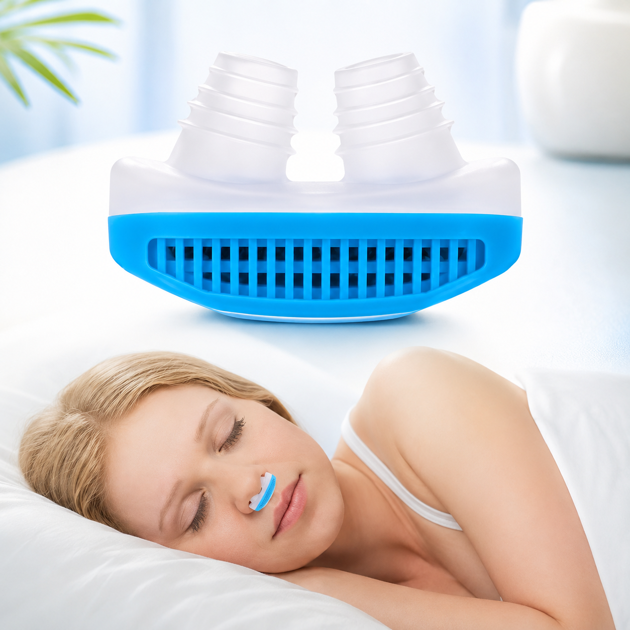 A blue and white anti-snoring nose clip with a sleeping woman wearing a smaller blue clip in her nose.