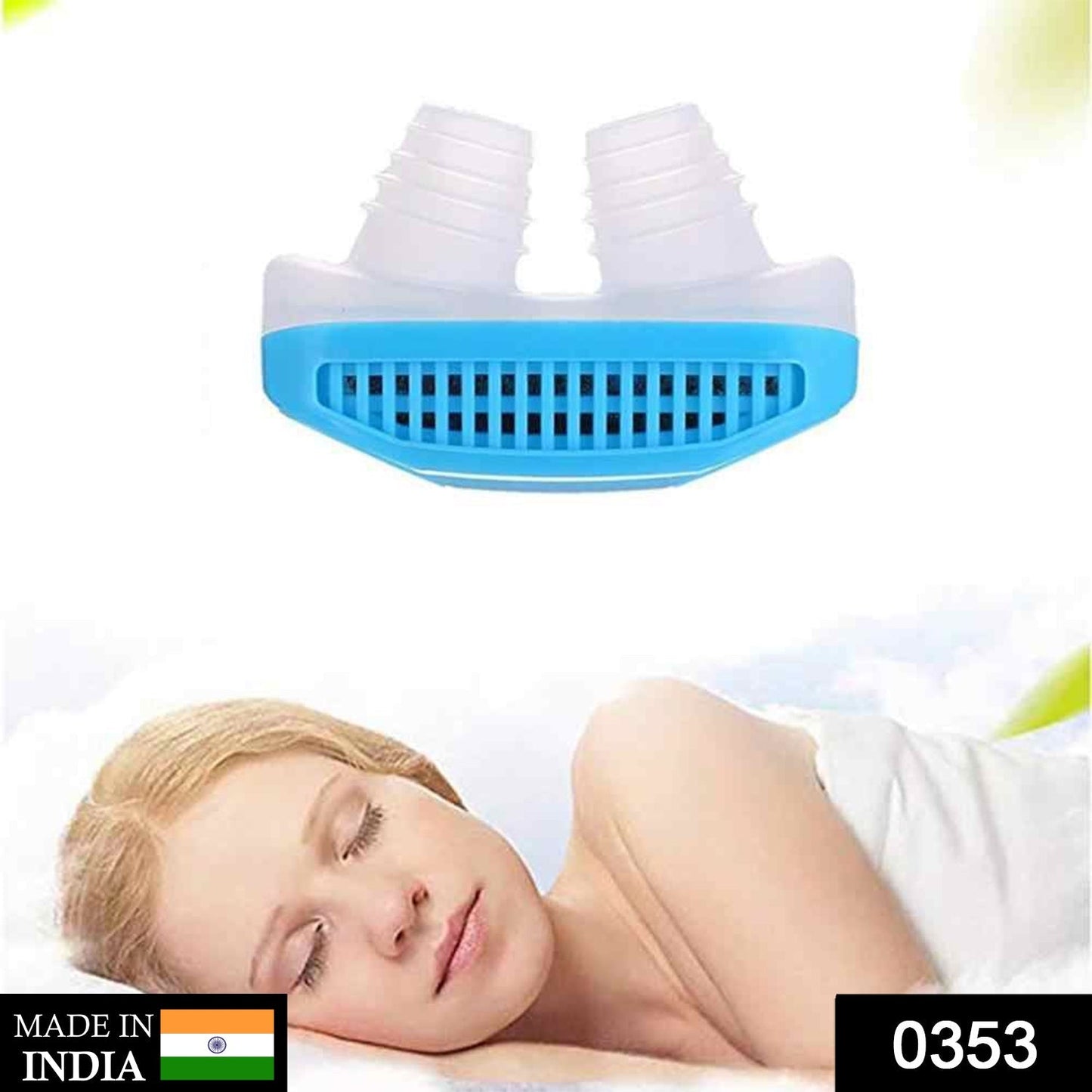 A blue and white anti-snoring nose clip with a sleeping woman, and a "Made in India" label.