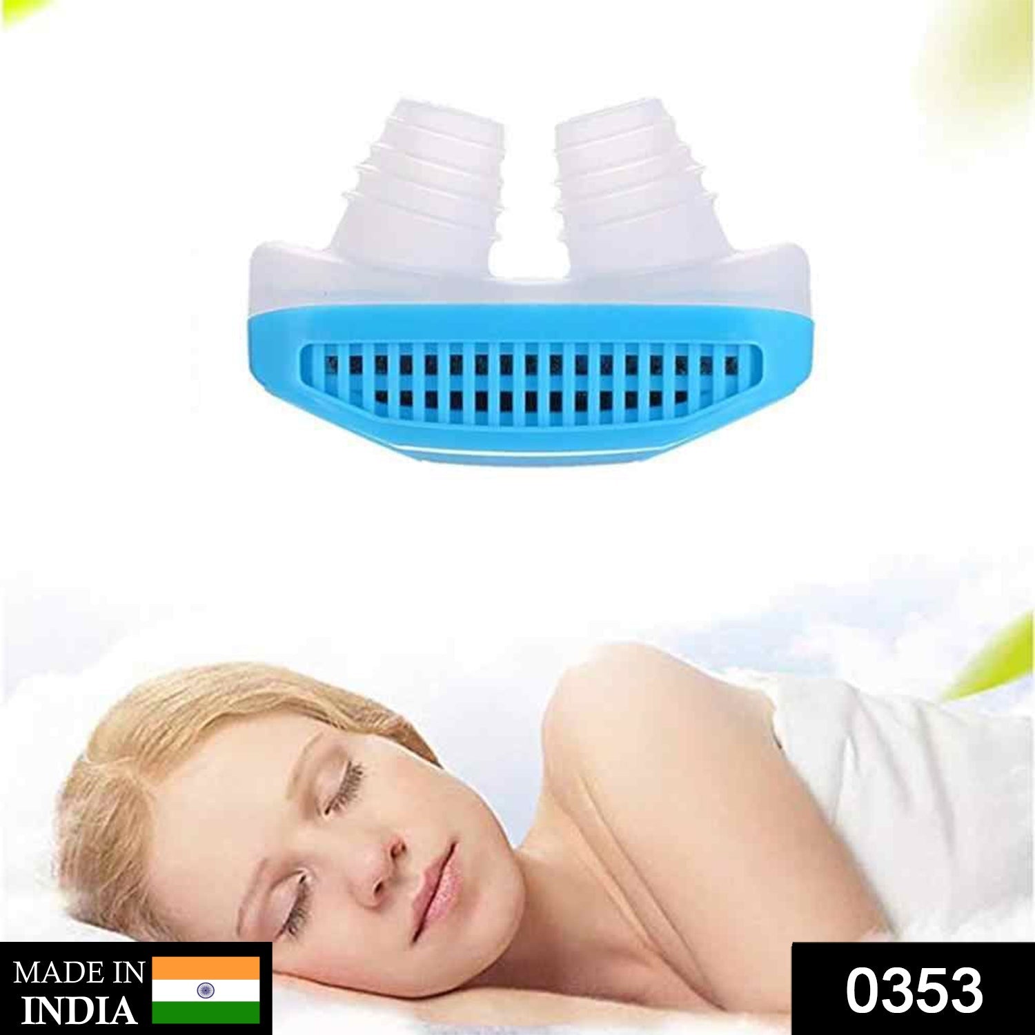 A blue and white anti-snoring nose clip with a sleeping woman, and a "Made in India" label.