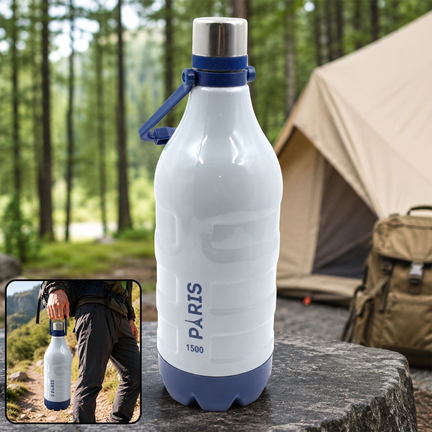 White and blue insulated water bottle with a handle on a rock, with a tent and forest in the background.