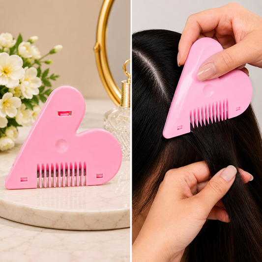 A pink heart-shaped hair thinning razor comb sits on a marble surface next to a mirror and flowers.