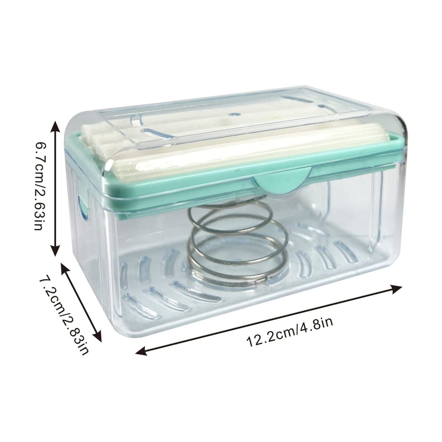 A clear soap dispenser with mint green accents and white rollers, displaying its dimensions in centimeters and inches.