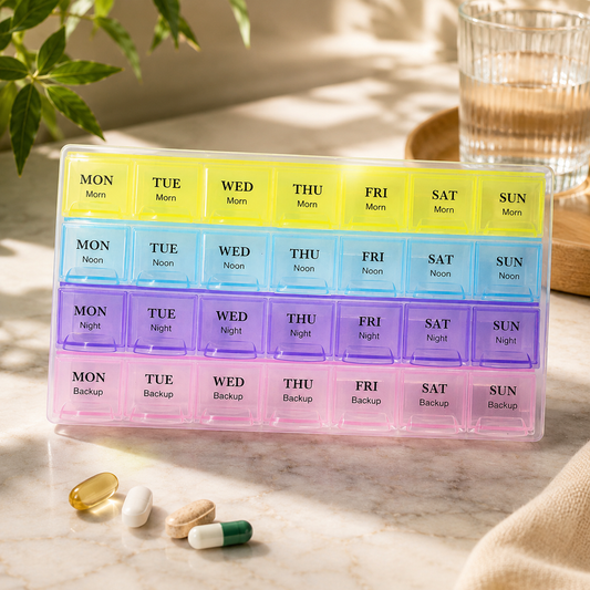 A 28-slot, rainbow-colored pill organizer with pills and a glass of water on a marble counter.
