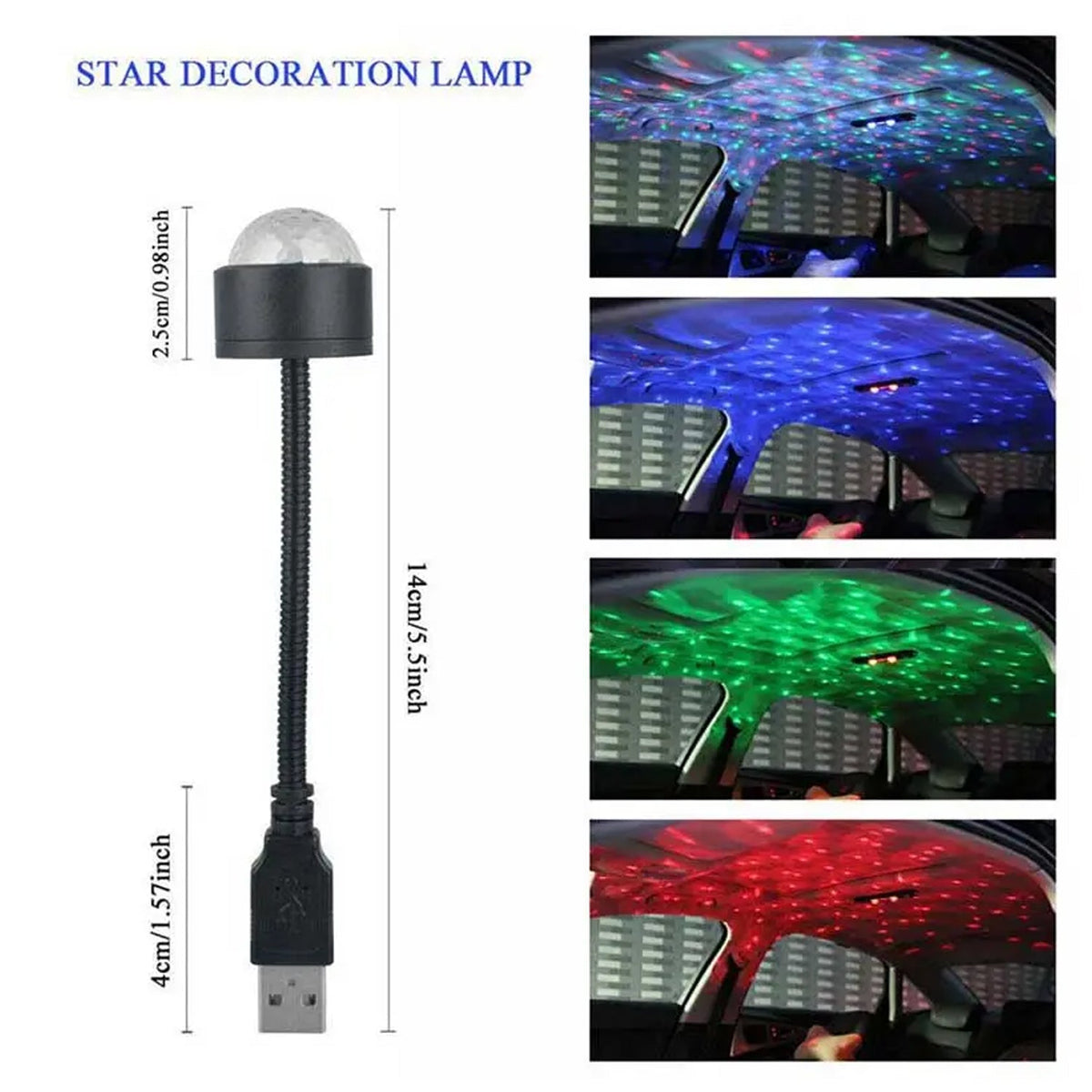 A black USB star projector with a clear disco ball top is shown with its dimensions and four car interior projections.