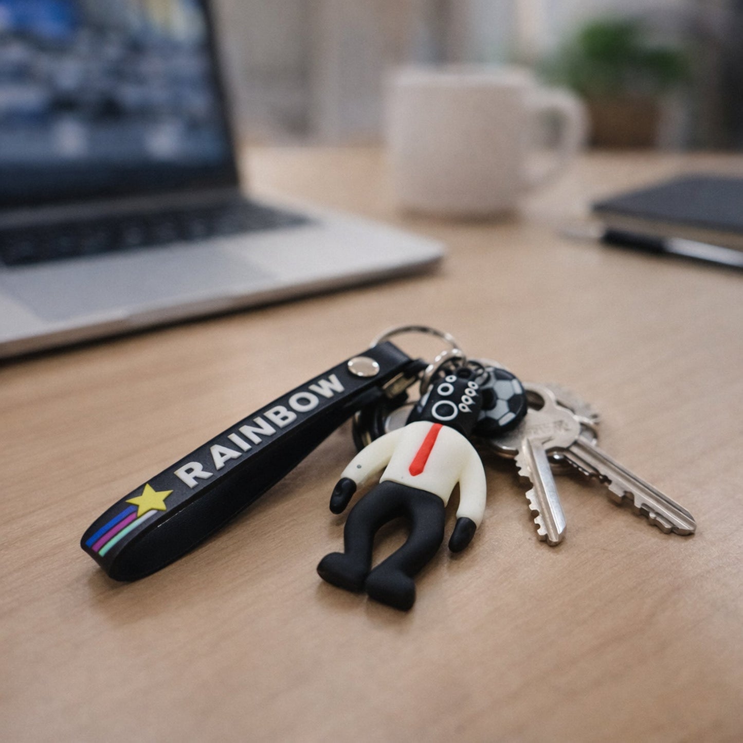Playful football boy keychain with rainbow strap, attaches easily to keys and bags