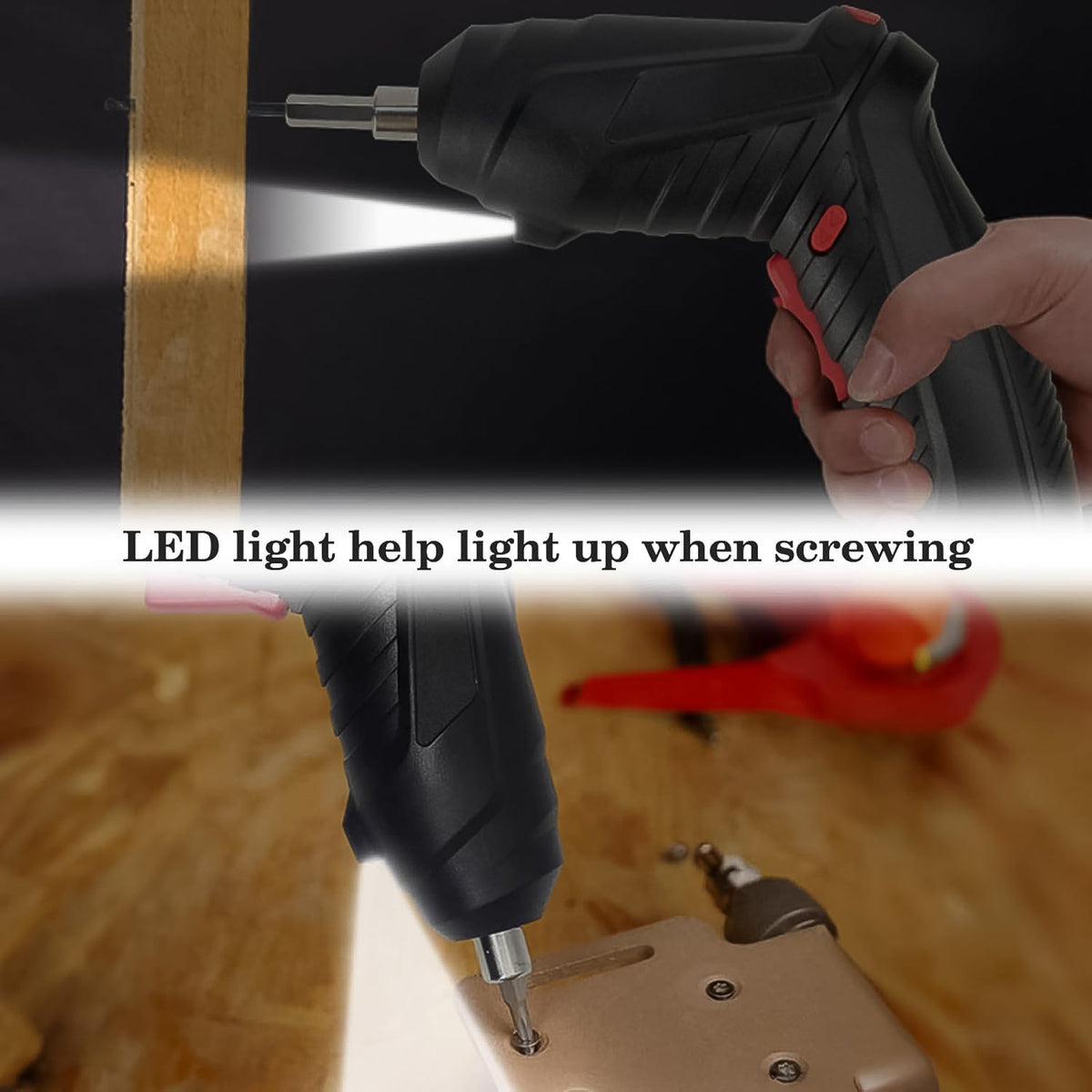 Two close-up shots show the black electric screwdriver in action, with a bright LED light illuminating the work area.