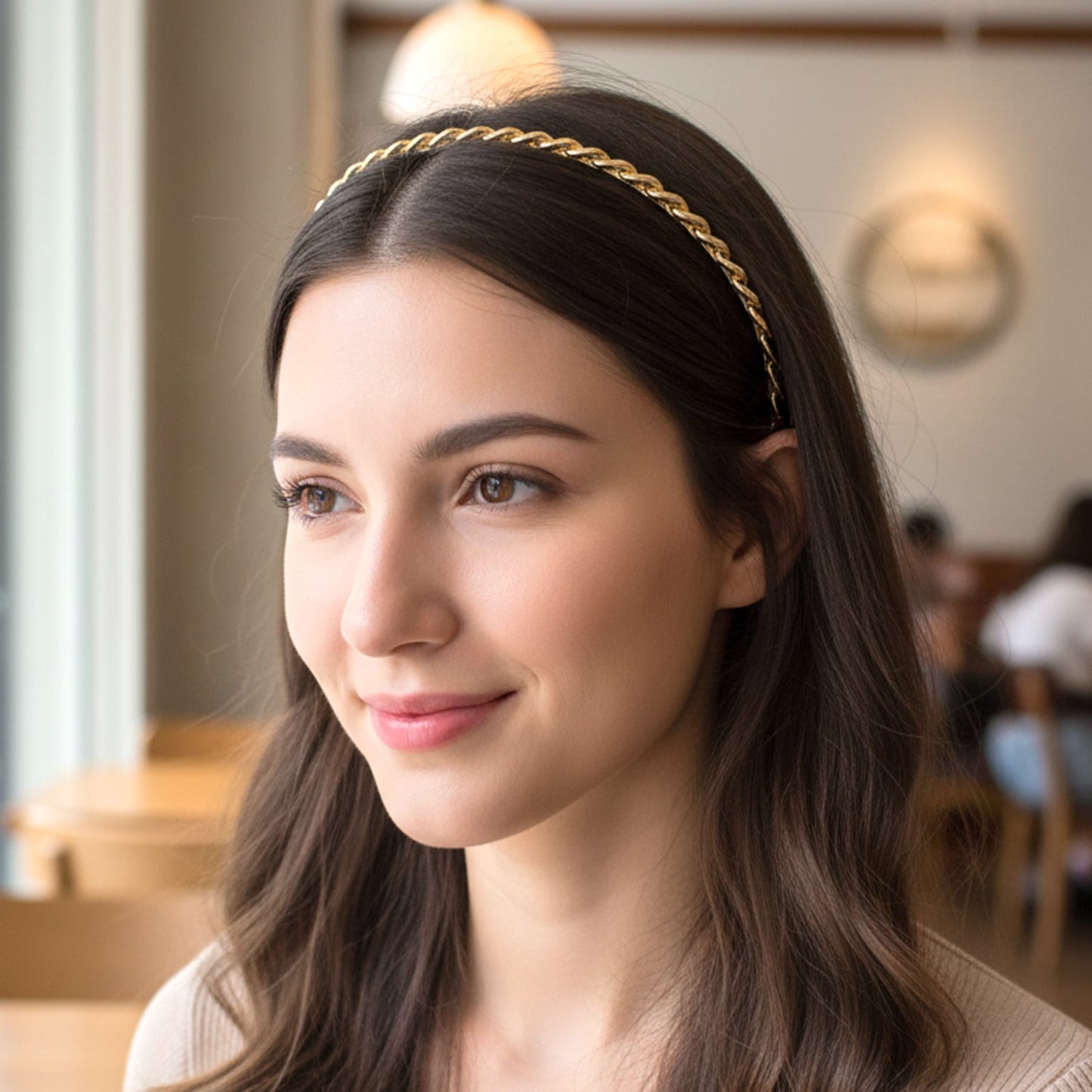 Multi-design headband set with pearl beads and leaf pattern in golden finish