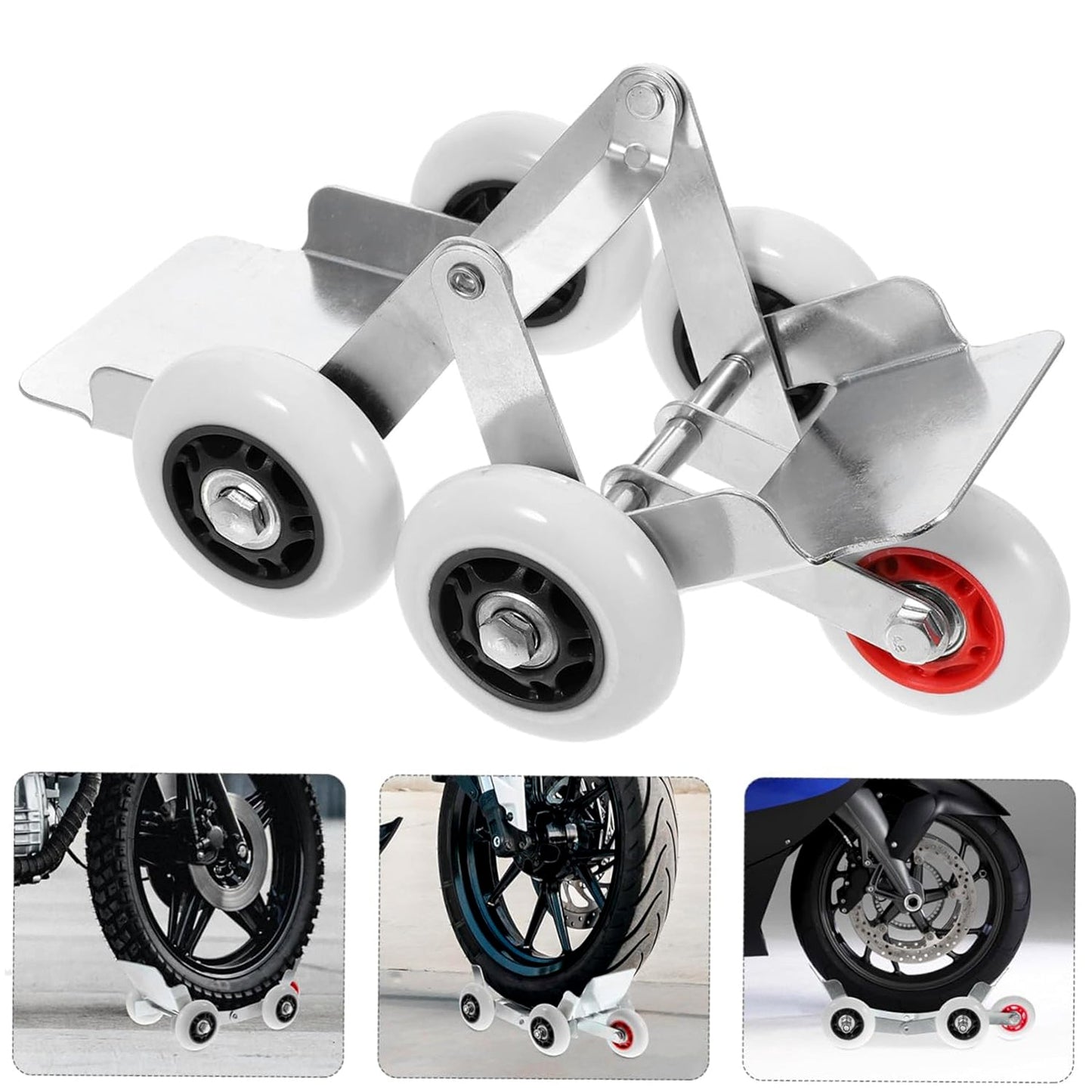 A silver metal roller stand with four white wheels and red accents is shown from an angle, with three insets of motorcycles