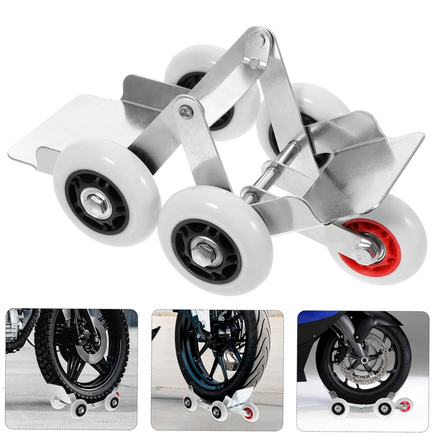 A silver metal roller stand with four white wheels and red accents is shown from an angle, with three insets of motorcycles
