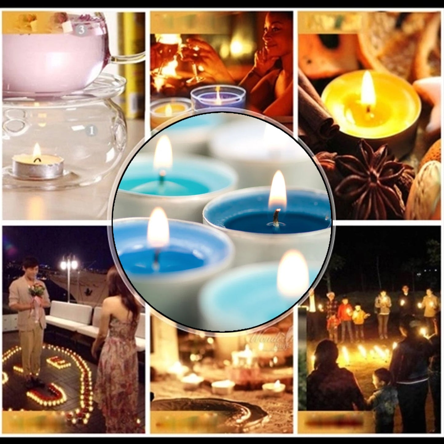 Indoor display of multicolor tea light candles adding color and light to room decor