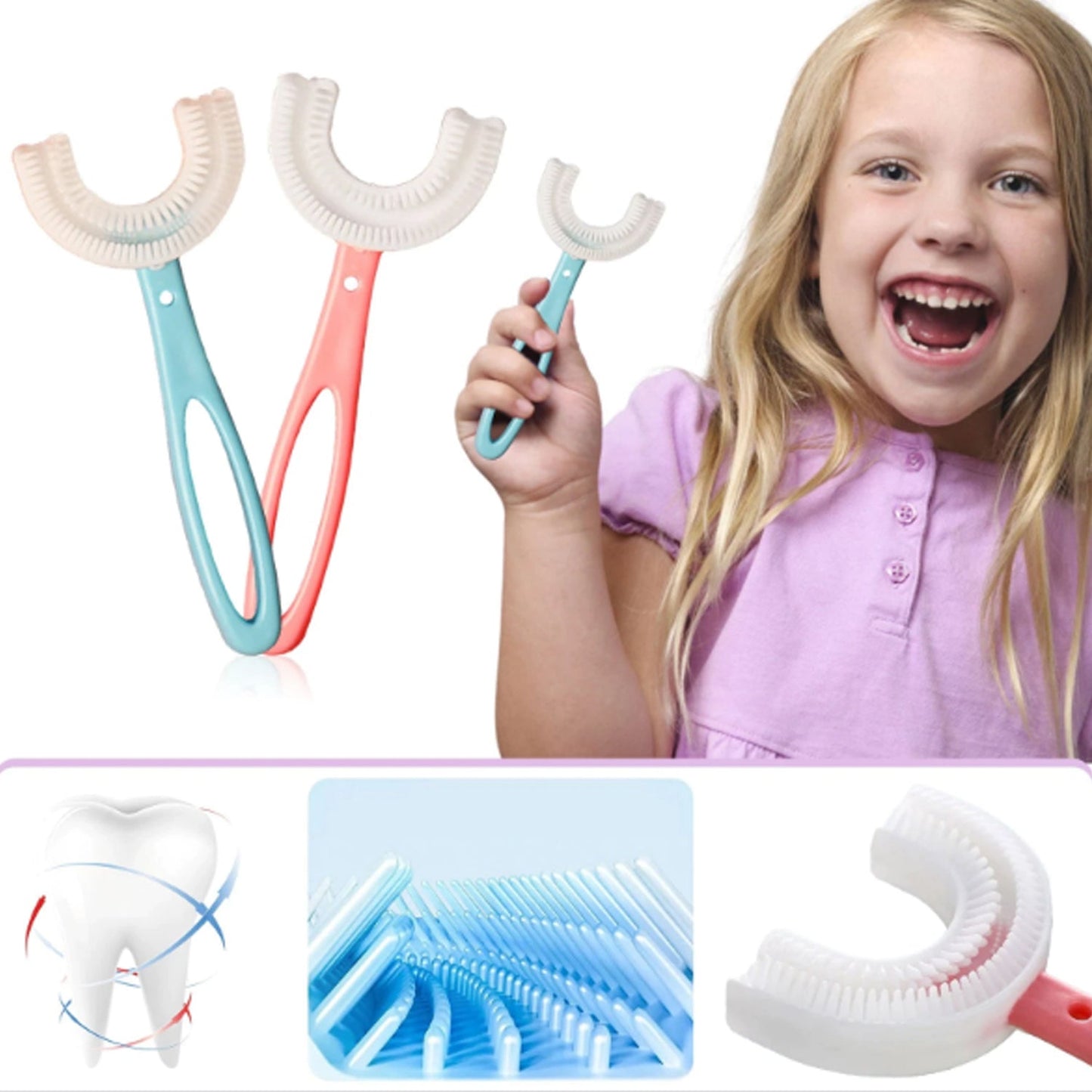A smiling girl holds a blue U-shaped toothbrush, with two more toothbrushes and dental diagrams below.