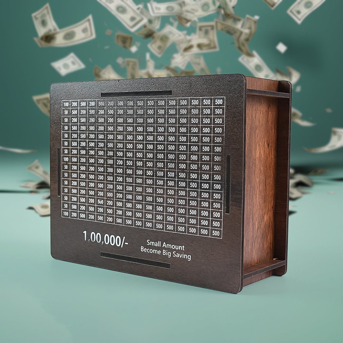 A dark brown wooden savings box with a white grid tracker, surrounded by falling dollar bills against a teal background.