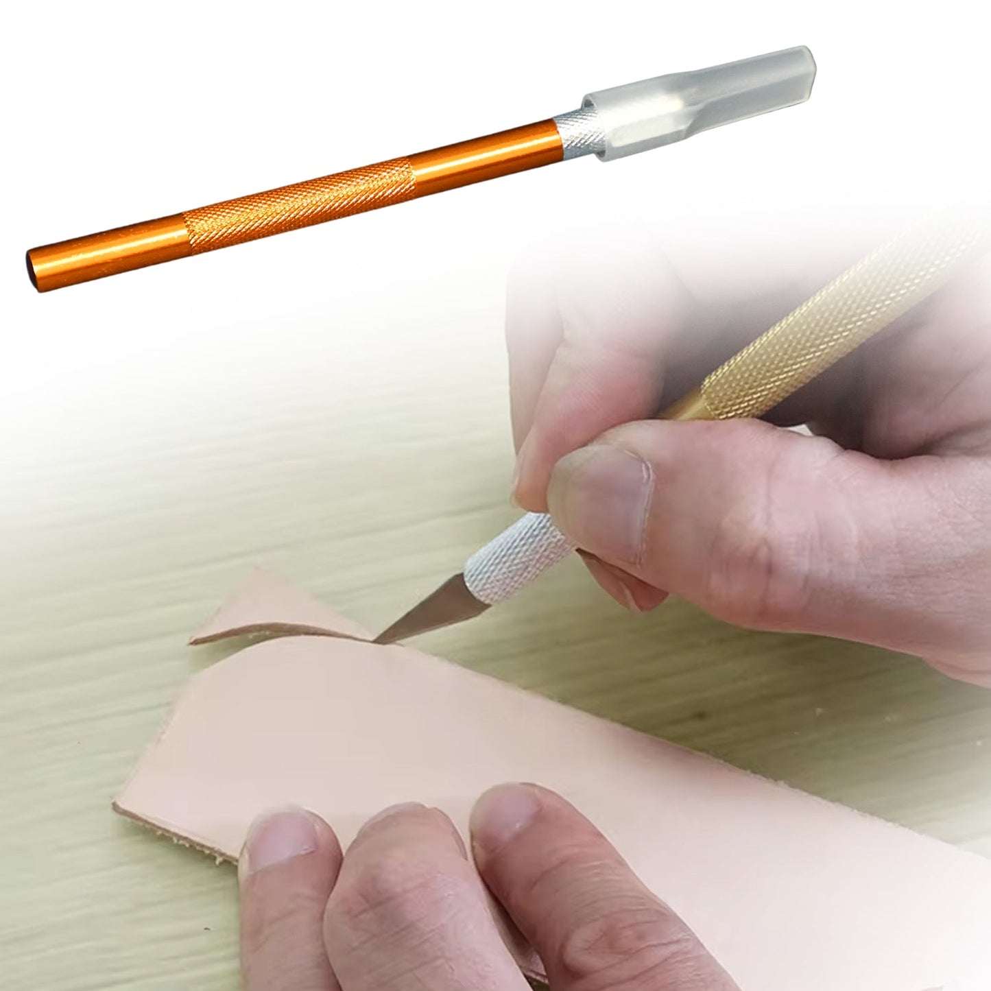 Orange precision knife with cap, held by hands cutting light brown leather.