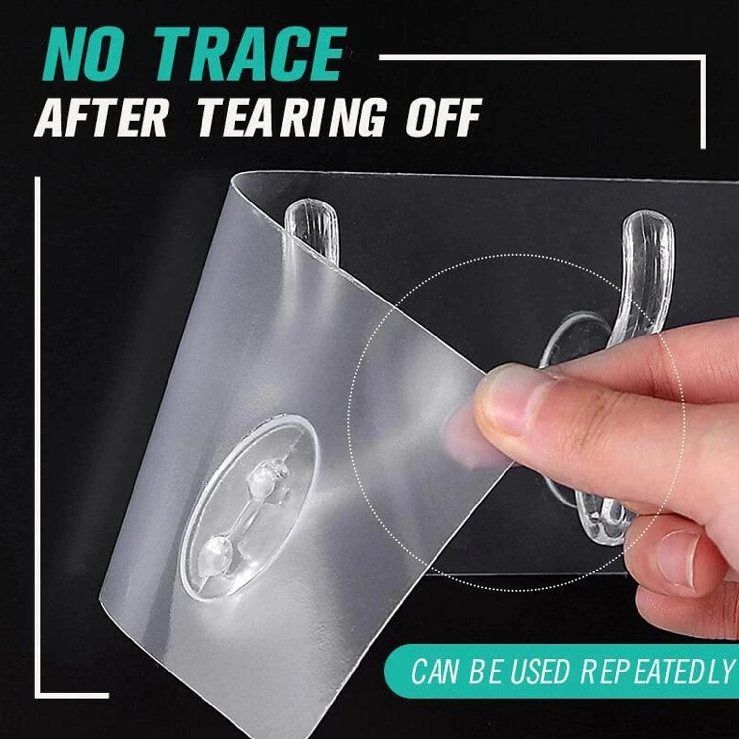 A hand peels back the clear plastic adhesive wall hook, showing no residue on the dark surface.