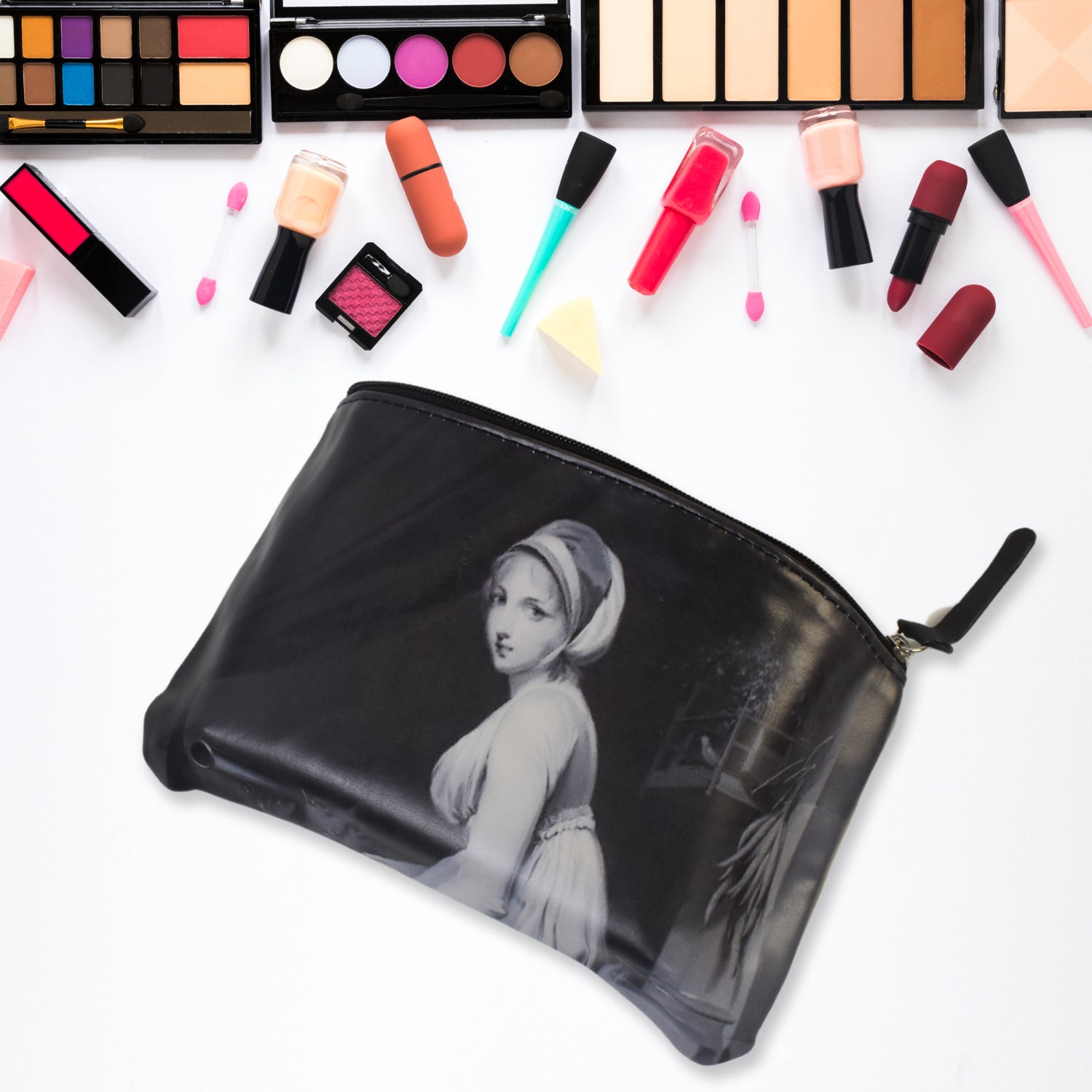 A black travel pouch with a classic painting of a woman, isolated on a white background.