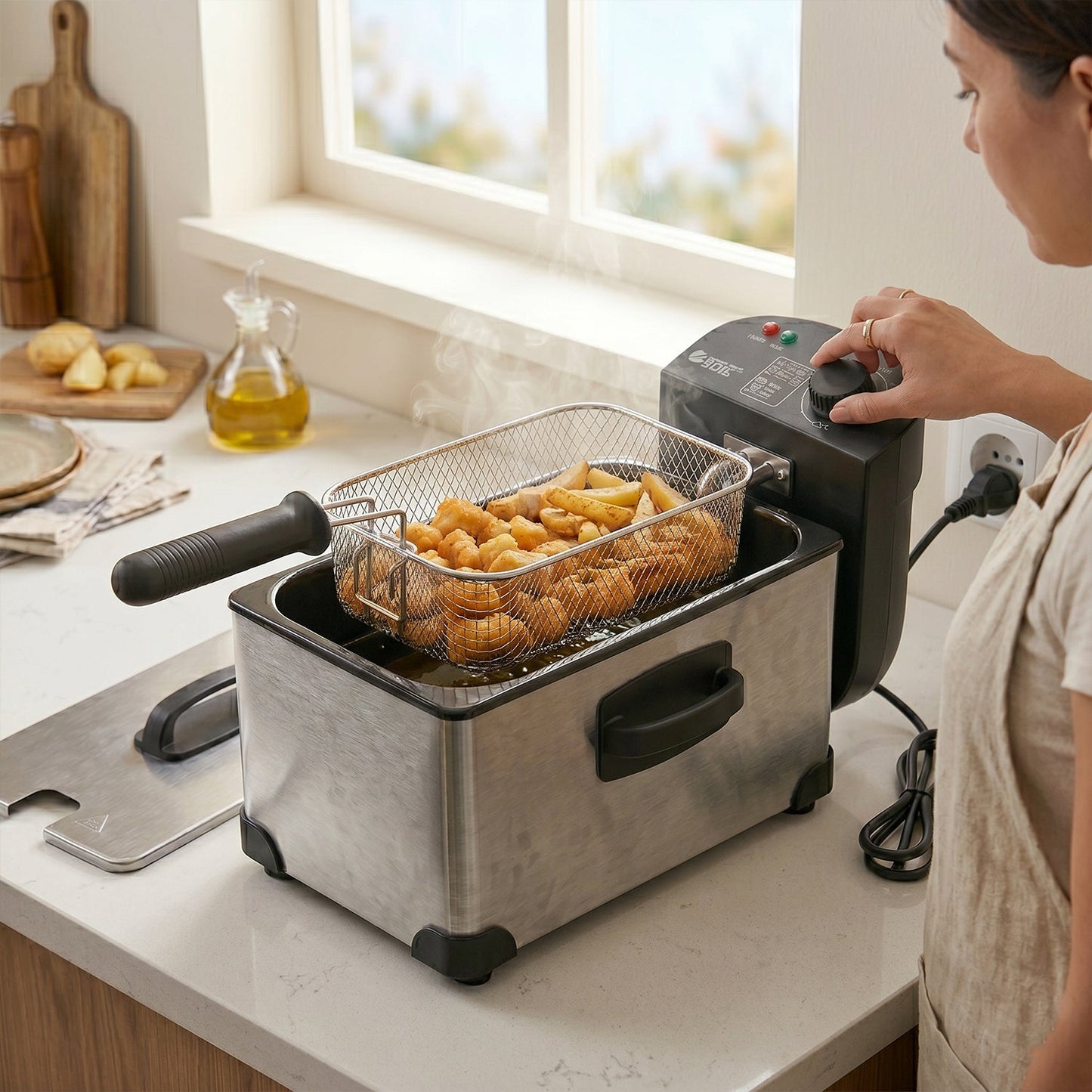 Detachable frying basket with heat-resistant handle of Orbit fryer
