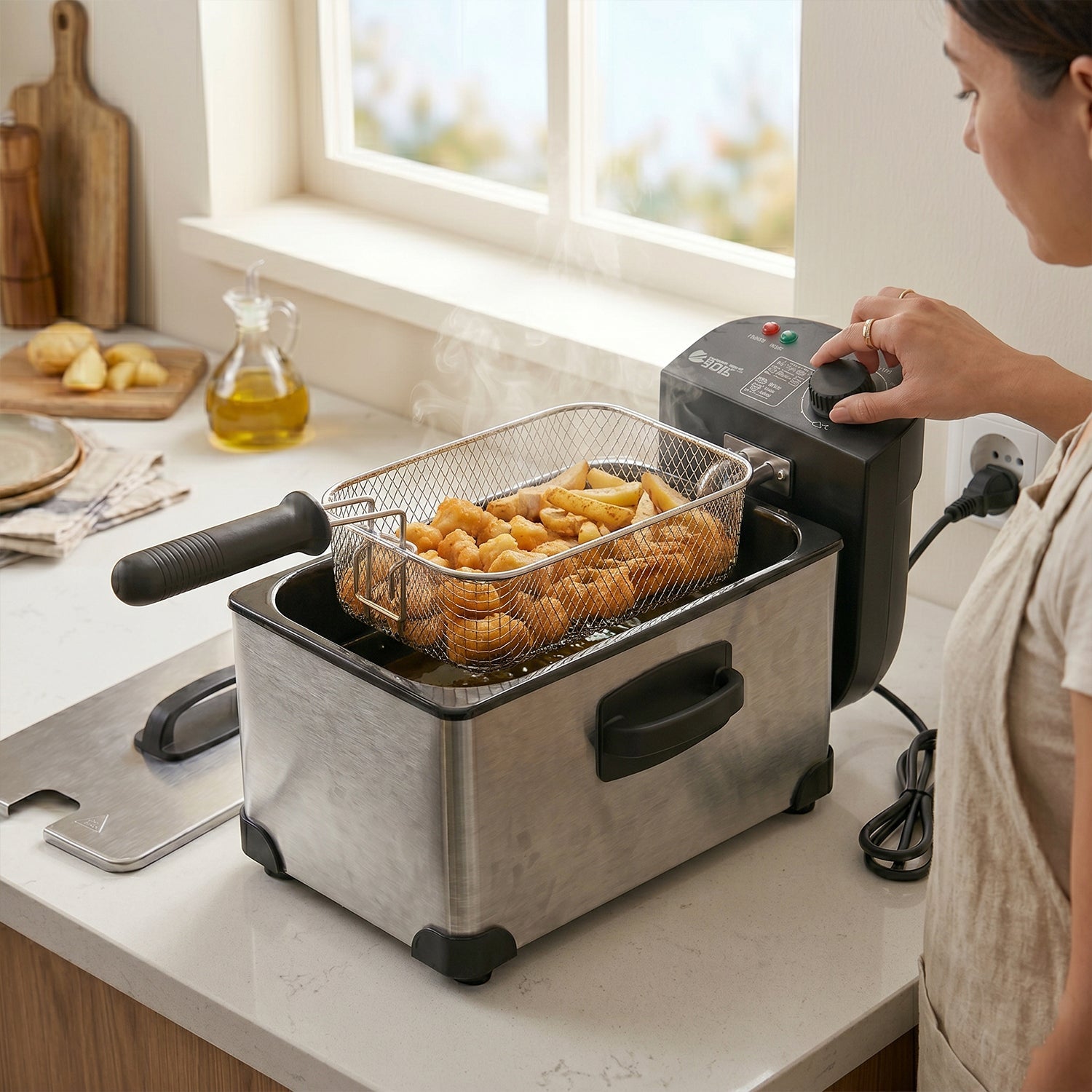 Detachable frying basket with heat-resistant handle of Orbit fryer
