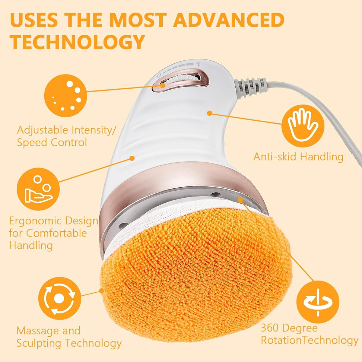 A white and rose gold massager with an orange pad, highlighting features like adjustable intensity, anti-skid handling,