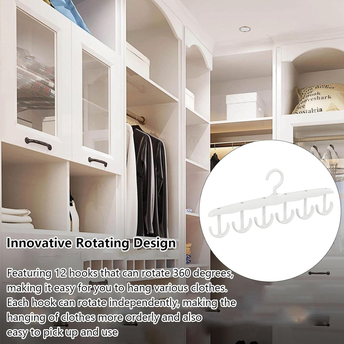A white plastic multi-hook hanger in a circular inset, with text describing its rotating design, against a closet background.
