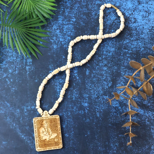 Hanuman pendant mala featuring Jai Bajrang Bali engraving and wooden beads