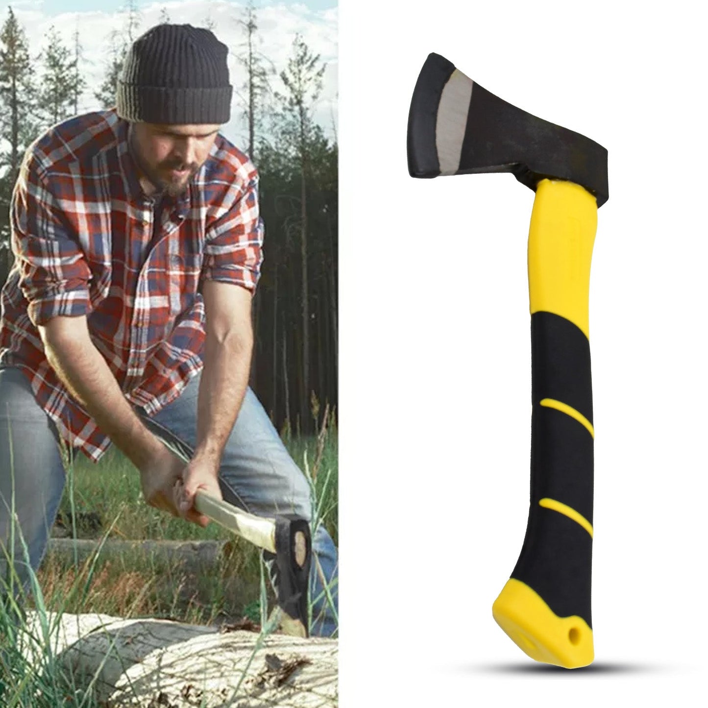 A split image shows a man chopping wood with an axe on the left and the yellow and black hatchet axe on the right.