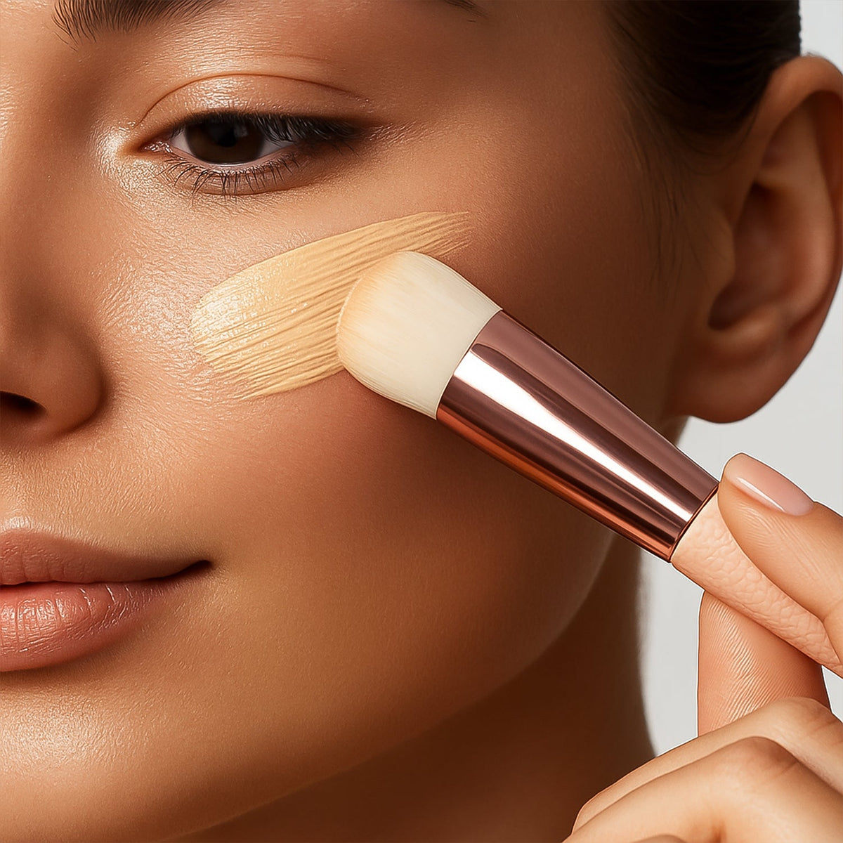 A hand applying foundation to a cheek with a pink and rose gold makeup brush.