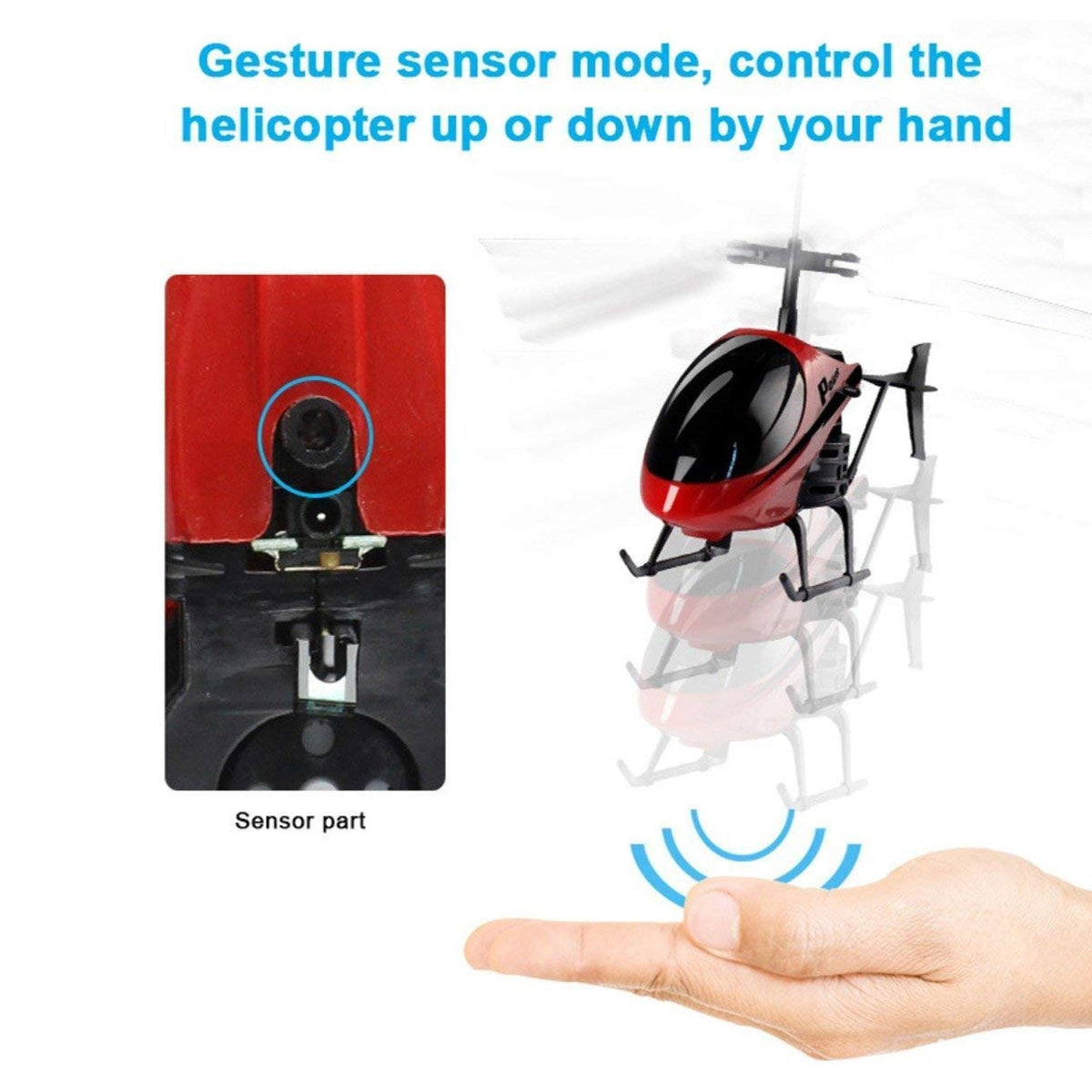 A red and black toy helicopter hovering above a hand, with an inset showing the sensor part of the helicopter.