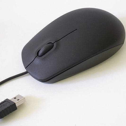 Compshop M-111 Wired Optical Mouse for computers and laptops, viewed from the front.