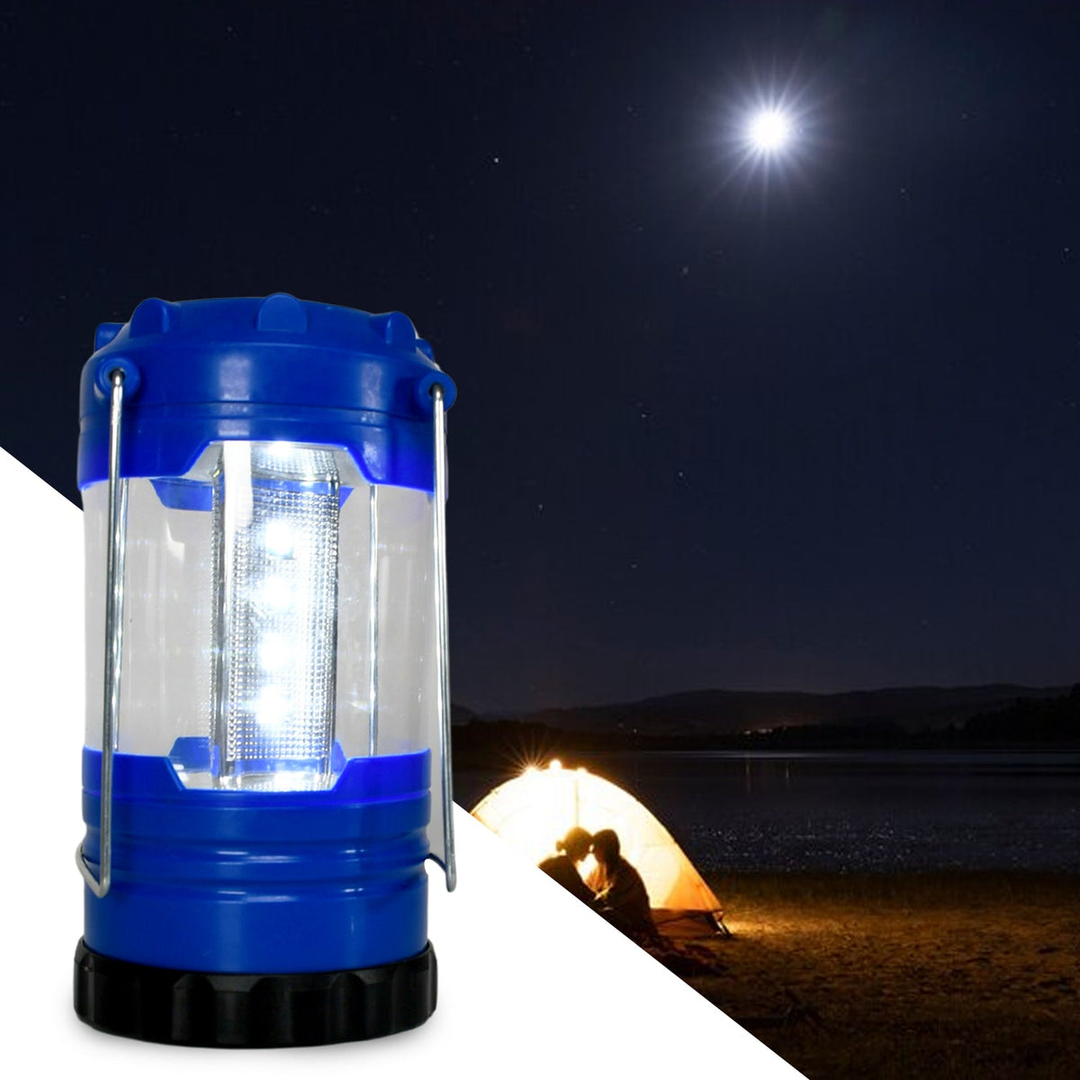 A blue lantern with bright white LEDs is shown on the left, while a lit tent under a full moon by a lake is on the right.