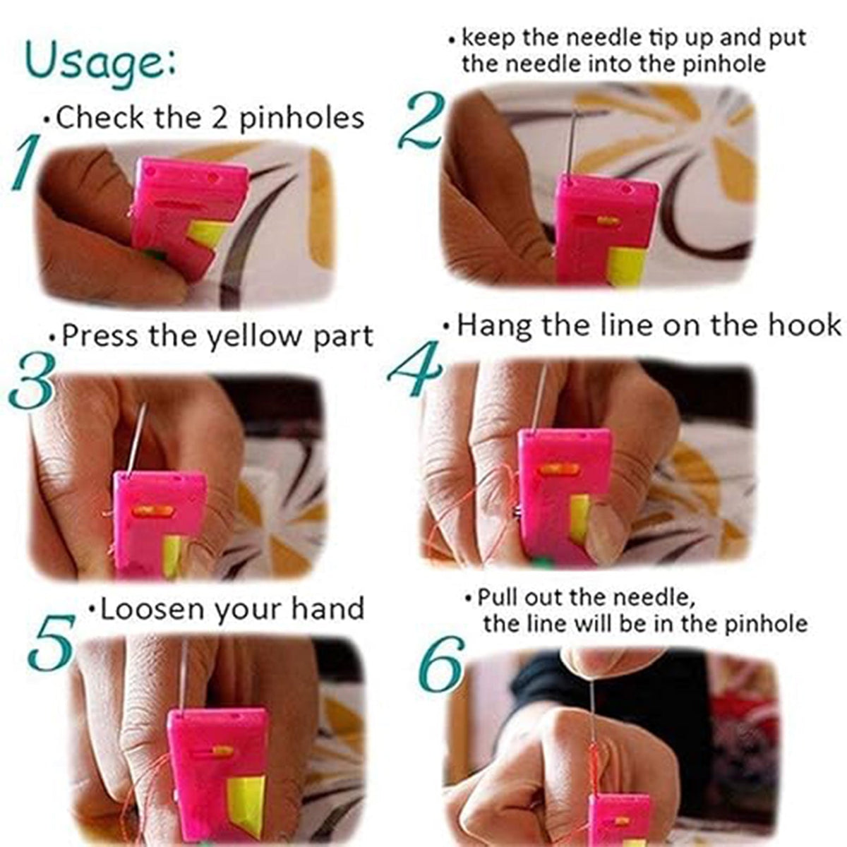A six-step instruction guide demonstrating how to use a pink and yellow needle threader tool.