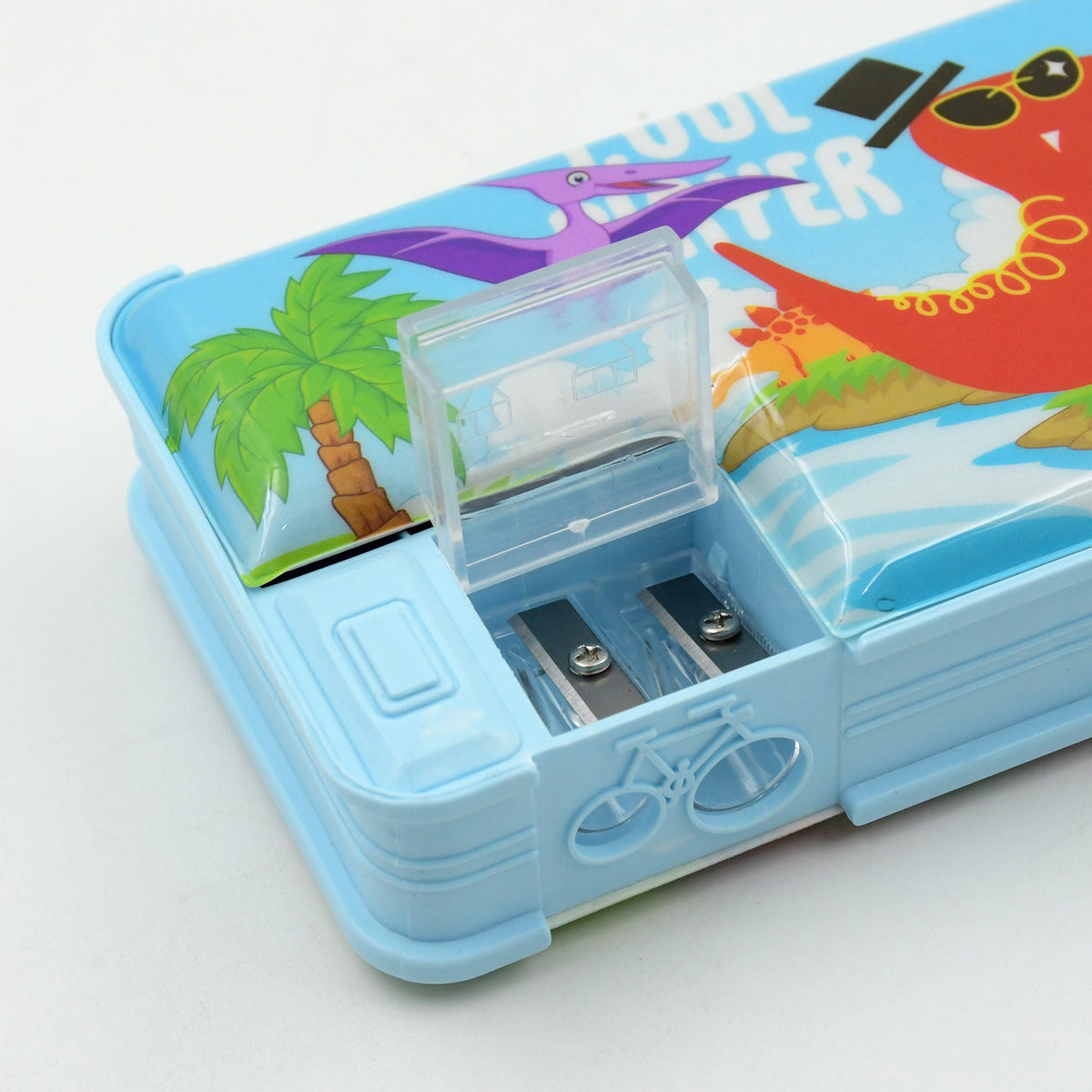 Bright plastic pencil box adorned with a lively cartoon design and sharpener, appealing to young students.