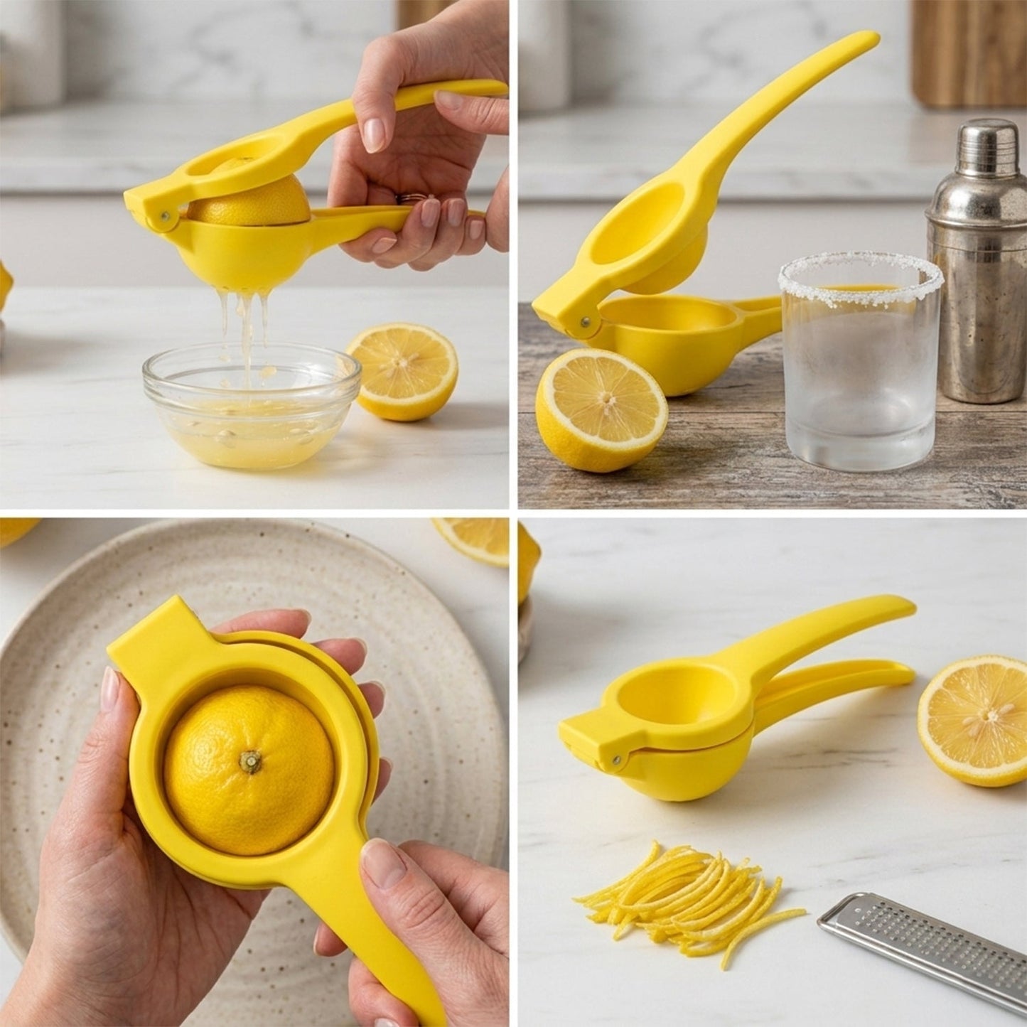 The yellow lemon squeezer lying next to its retail packaging, both featuring the 'Squeezy' brand.