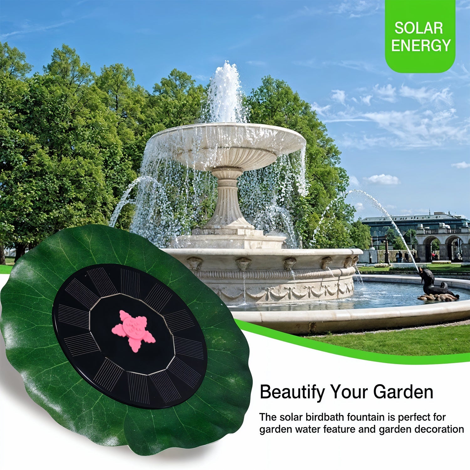 Decorative floating solar water pump installed in garden fountain