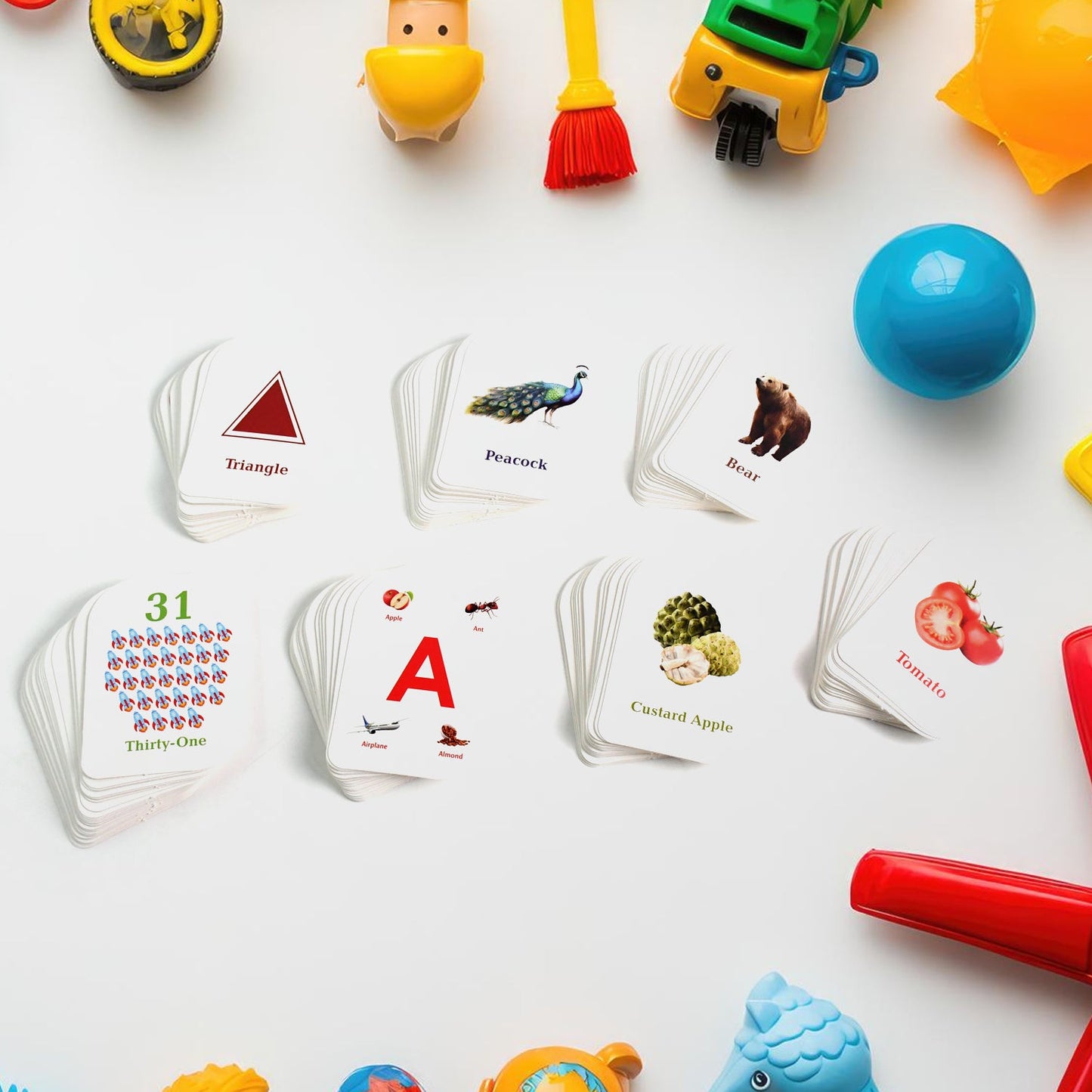 Flashcards displaying animals and shapes to support early learning