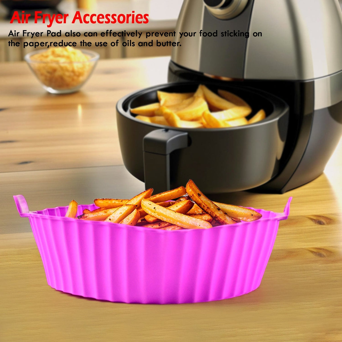 A purple silicone air fryer pot filled with golden french fries in the foreground, with an air fryer in the background.