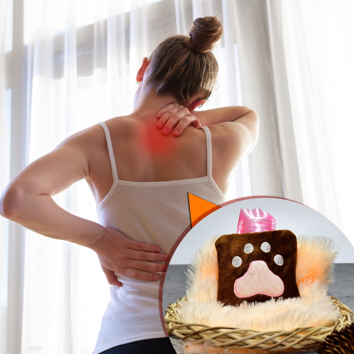 A woman with back pain is shown next to an inset of the paw print hot water bag in a basket.