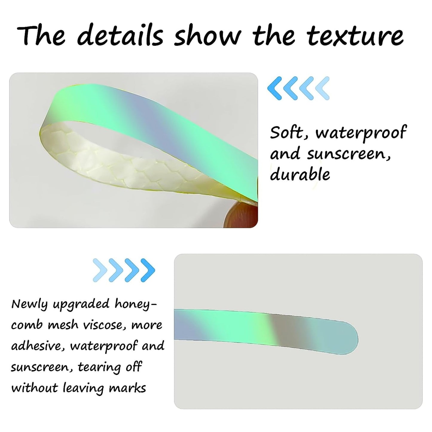 Close-up of a reflective sticker strip showing its texture and a description of its features.