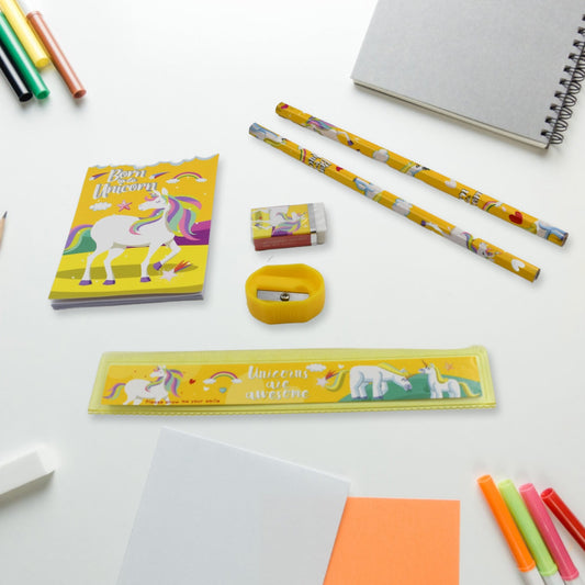 Complete 6-piece school stationery set with ruler, pencils, and sharpener for students.