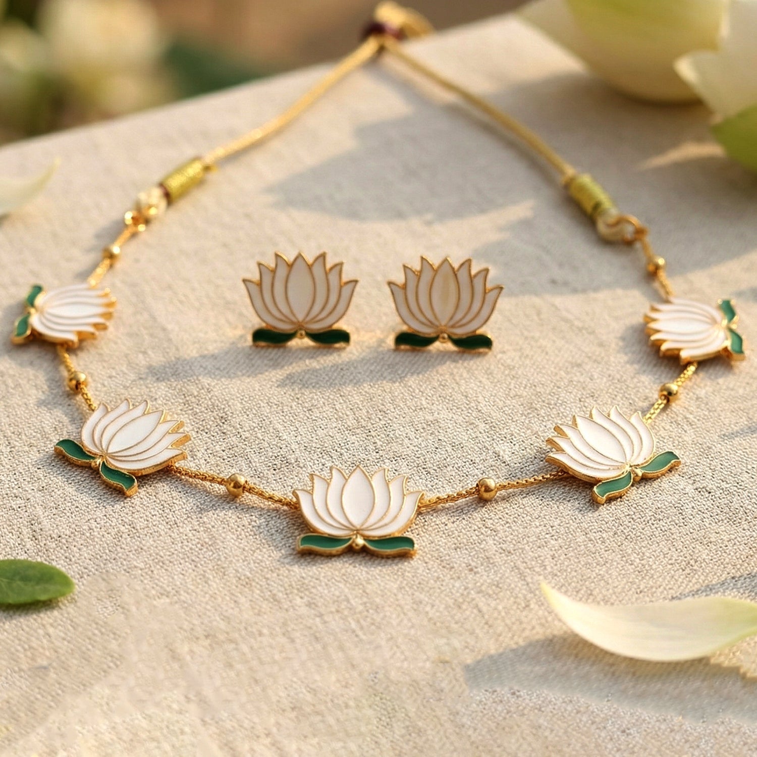 Lightweight white lotus necklace set for ethnic wear