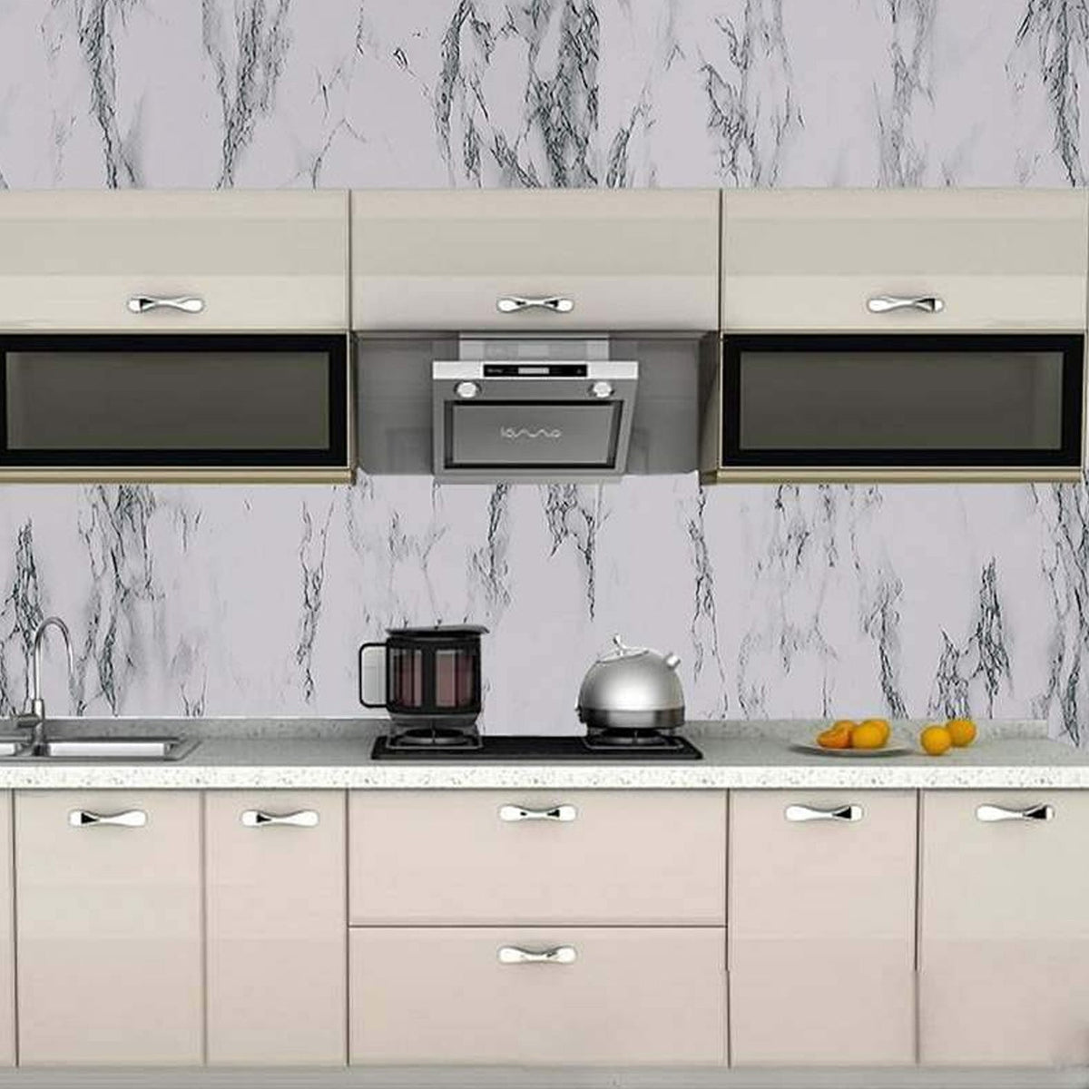 A modern kitchen with white and grey marble pattern self-adhesive wallpaper applied to the backsplash.
