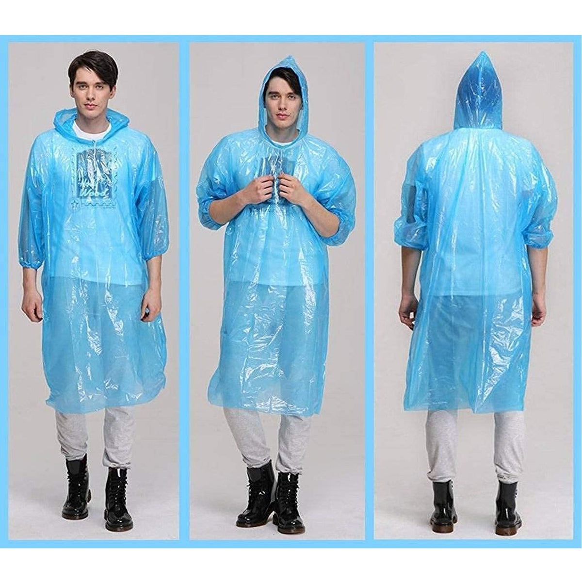 Three full-body views of a man wearing a blue transparent rain poncho, from front, angled, and back.