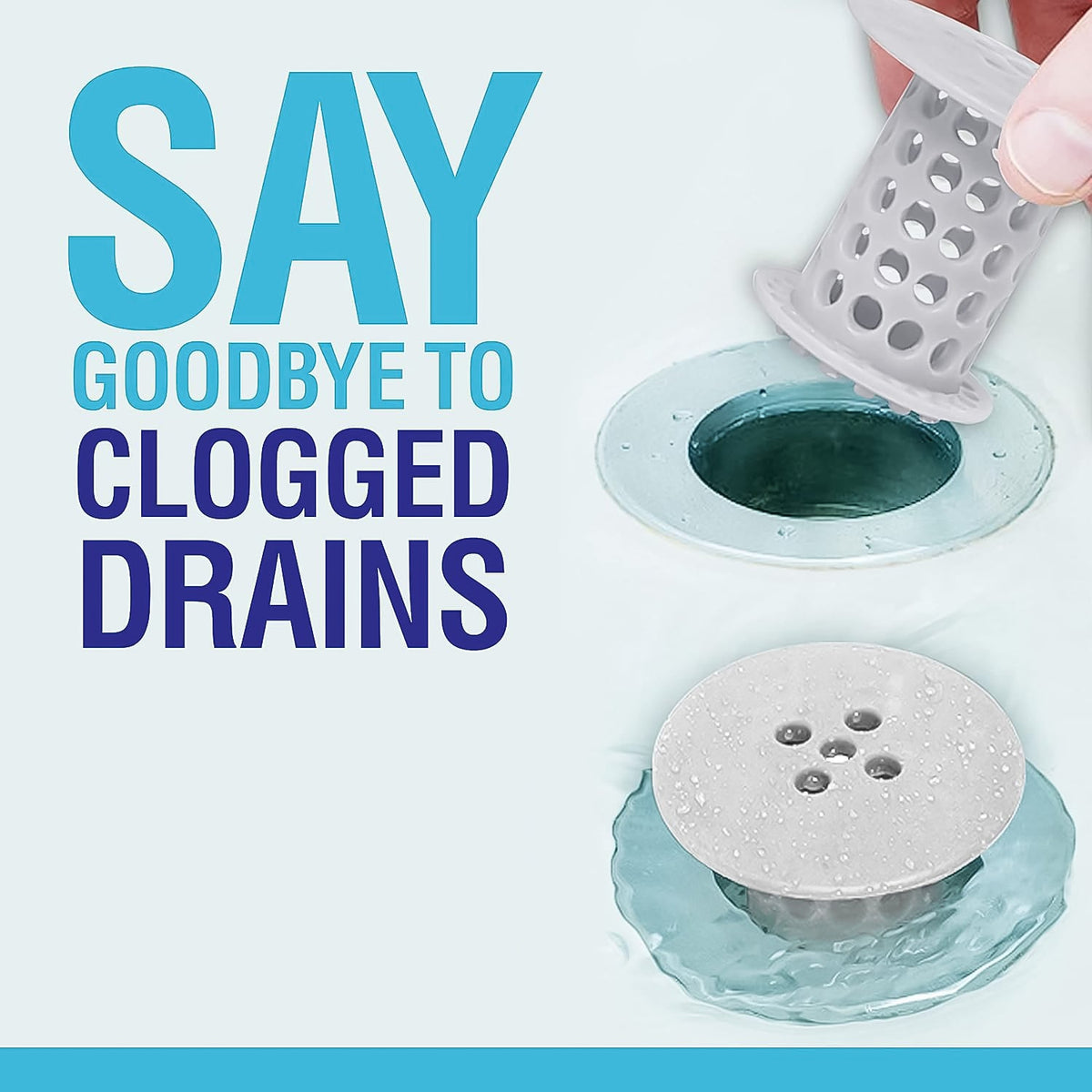 The white silicone drain hair catcher is shown being inserted into a drain and sitting in another, with text saying "Say