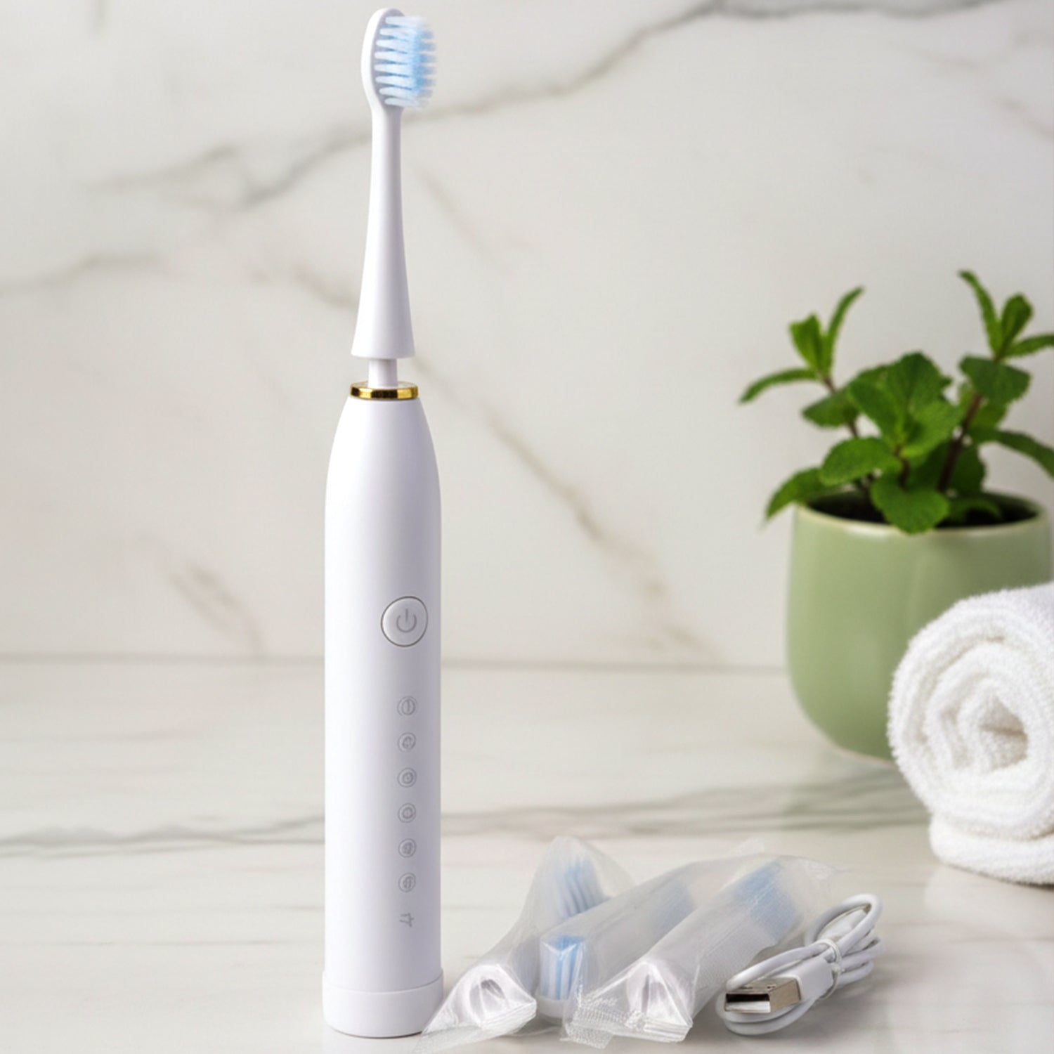 Detail of electric toothbrush charging port for USB rechargeable use