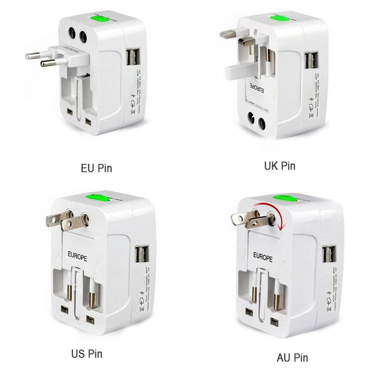 Four views of the white universal travel adapter, demonstrating its EU, UK, US, and AU pin configurations.