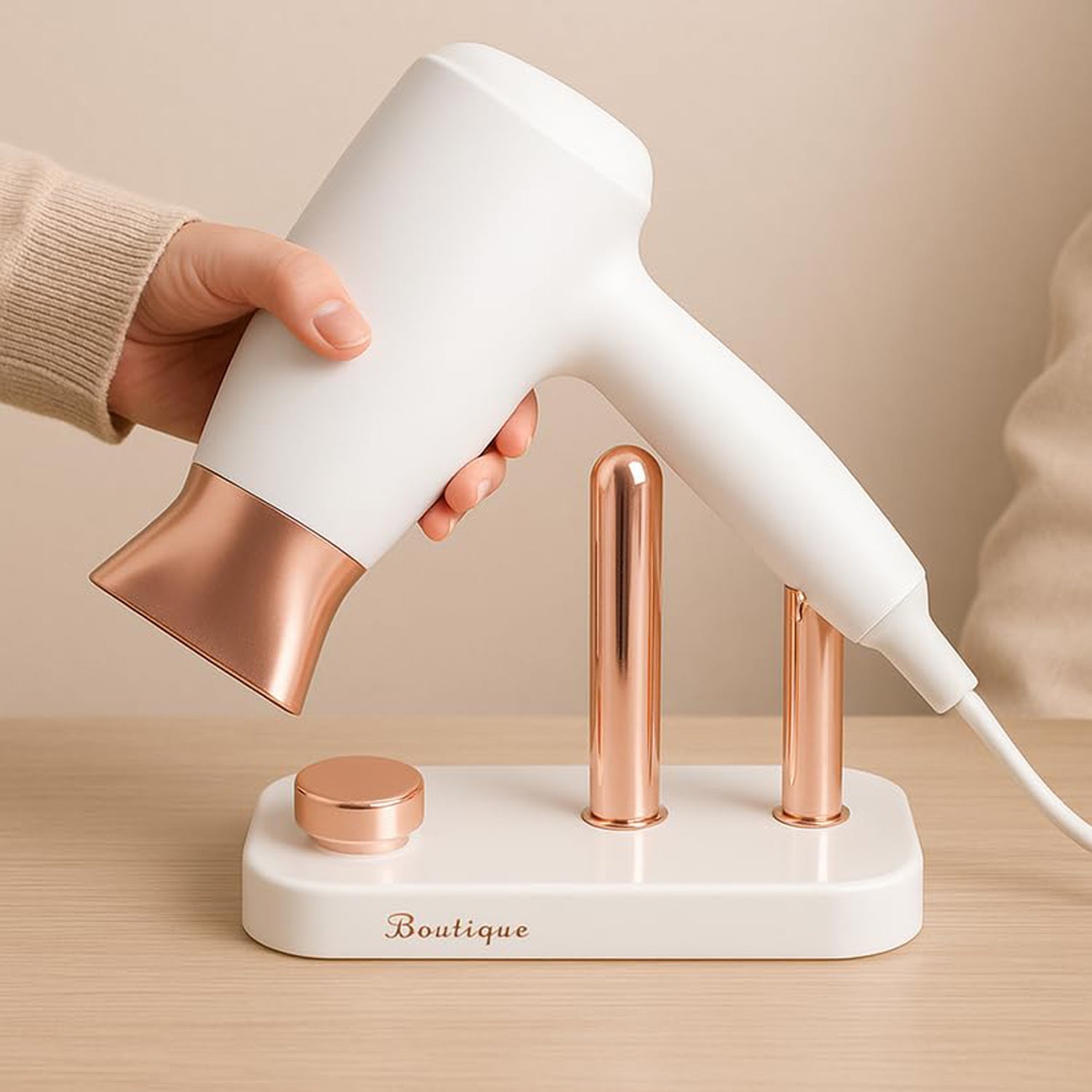 Hair dryer holder showing heat resistant material