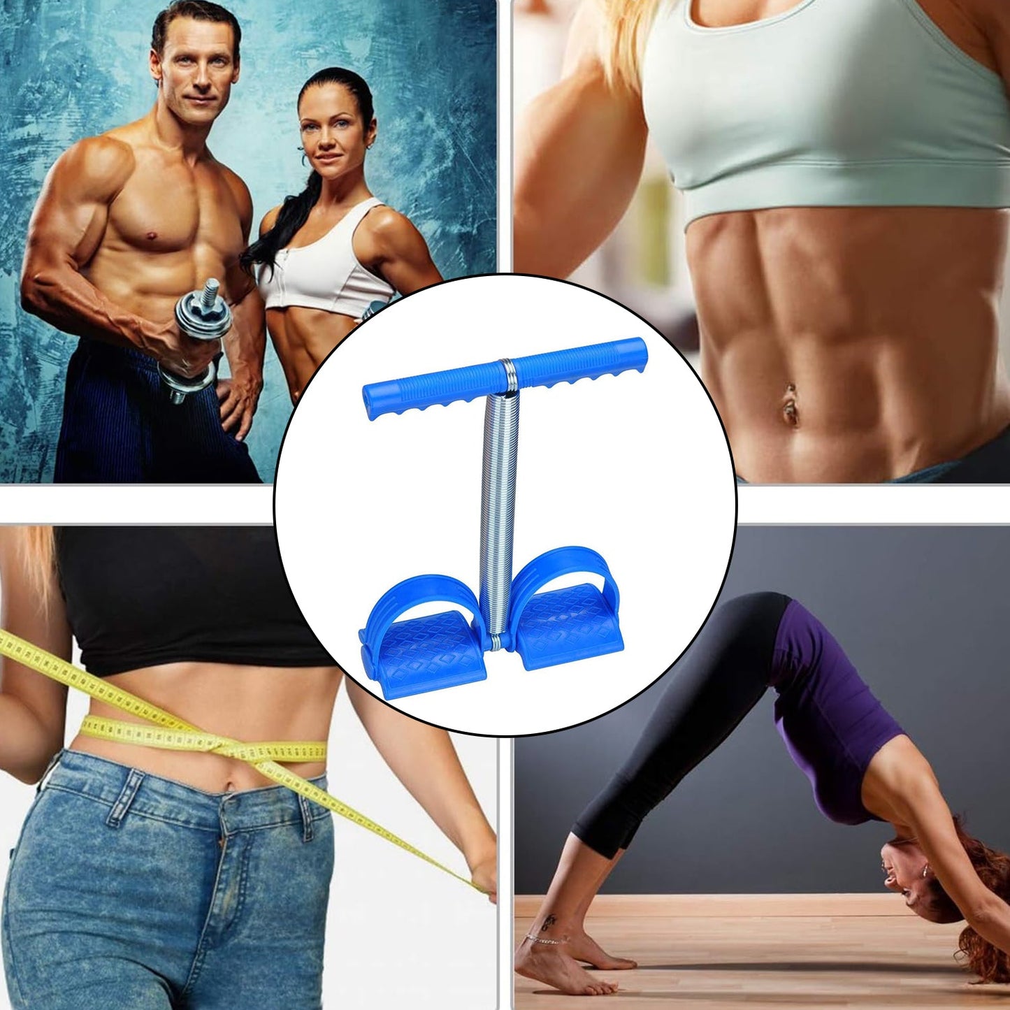 A blue foot pedal exerciser is centered among four fitness-related images, including a couple, abs, measuring tape, and yoga.