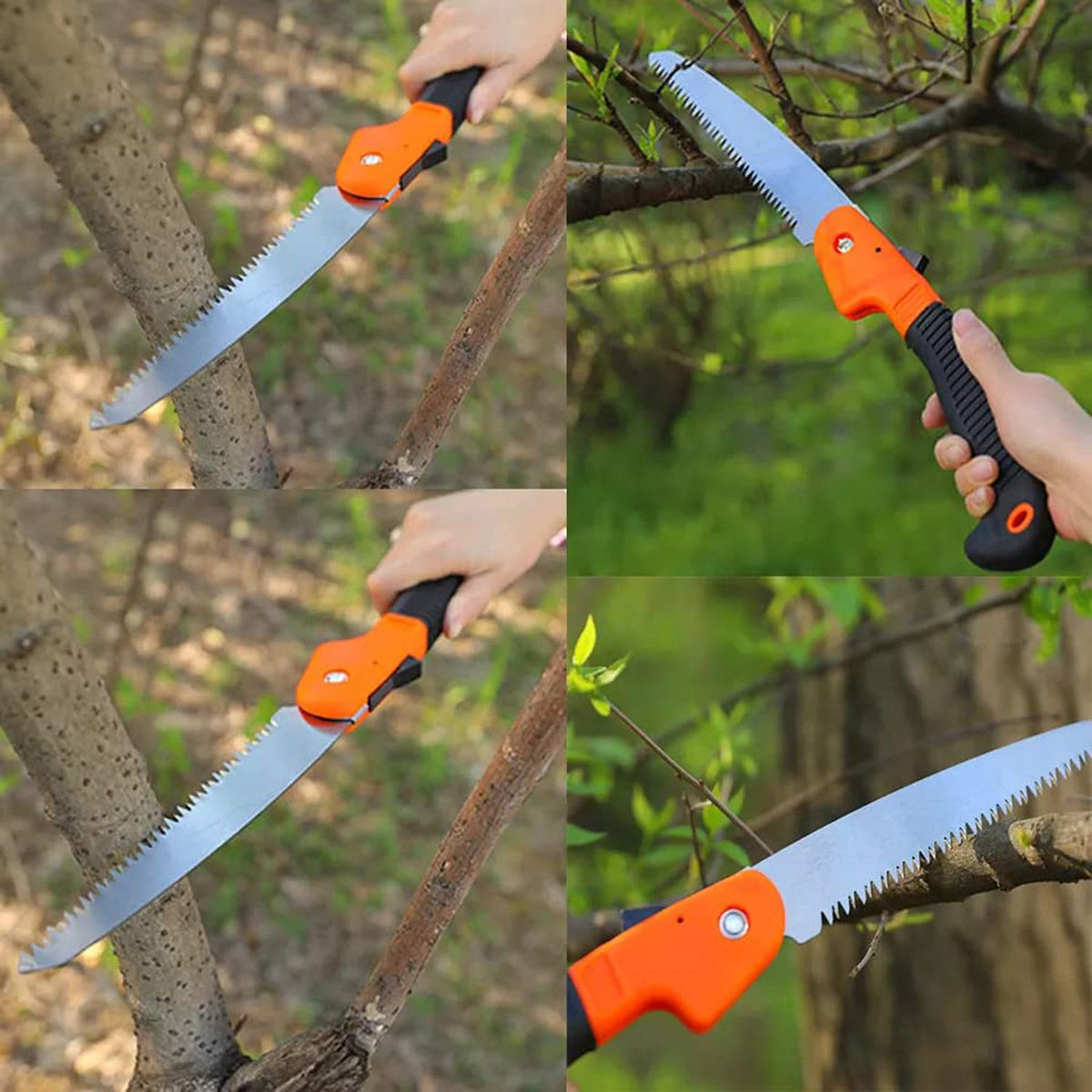 A four-panel image shows a person using the folding saw to prune branches on a tree in various positions.